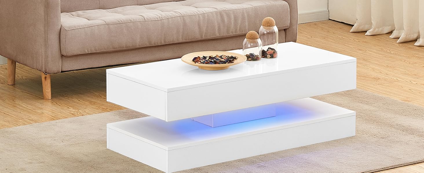 Coffee Table with Storage 2 Drawer White High Gloss Coffee Tables with Led Lights for Living Room Furniture Home Wooden Smart Table Centre Modern Rectangular Side End Table