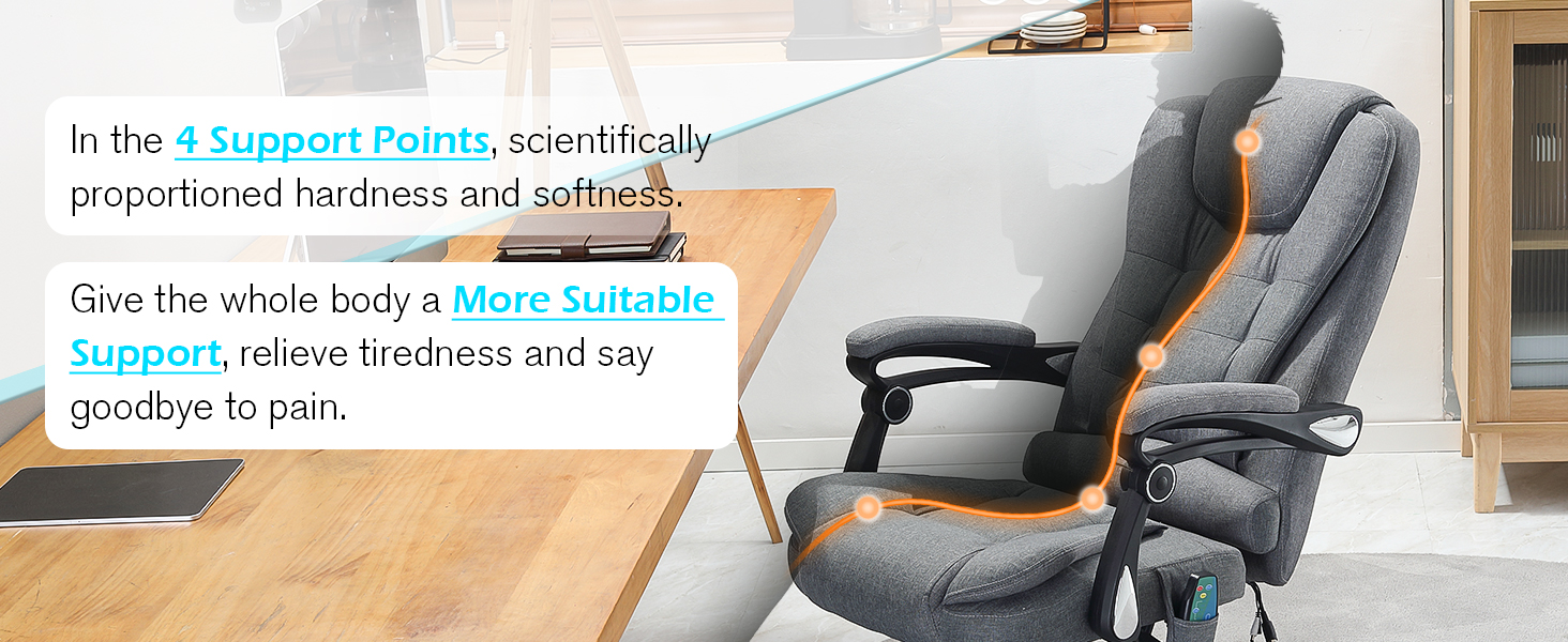 Gray ergonomic office chair with adjustable headrest and lumbar support. Text highlights 4 support points and 9-way adjustable features for comfort and pain relief.