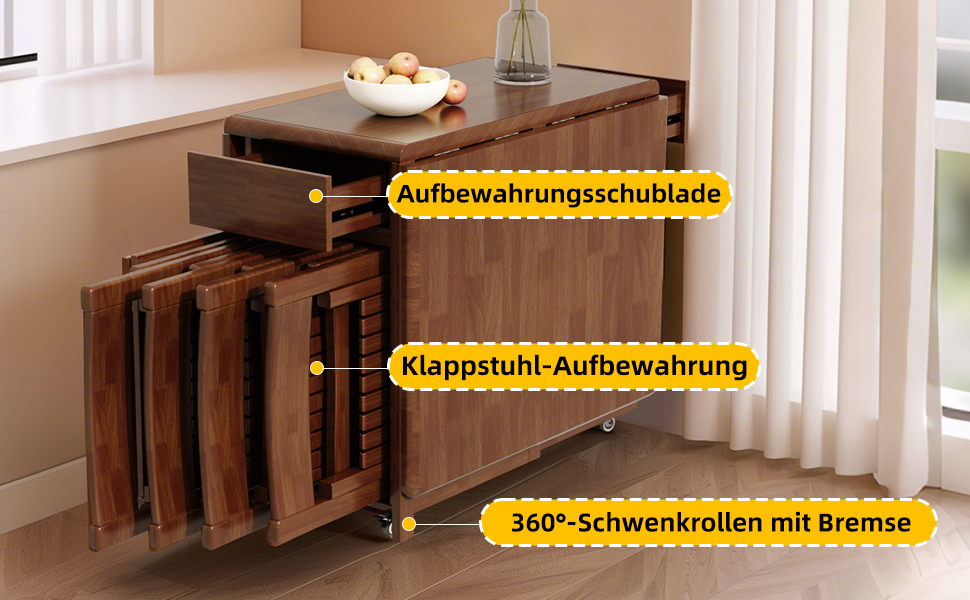 Der Text lautet: „Aufbewahrungsschublade“, „Klappstuhl-Aufbewahrung“, „360°-Schwenkrollen mit Bremse“. Moderner Aufbewahrungsschrank aus Holz mit innen sichtbaren Klappstühlen.