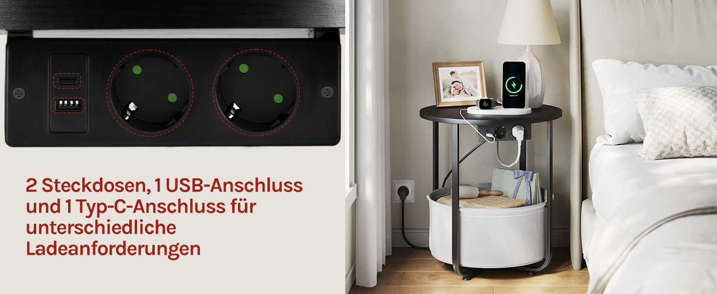 Der Text lautet: „2 Steckdosen, 1 USB-Anschluss und 1 Type-C-Anschluss für Ultimative Ladeverbindungen“. Geteiltes Bild, das eine schwarze Steckdosenleiste mit Steckdosen und USB-Anschlüssen sowie eine kompakte Kaffeemaschine auf einem Holzregal zeigt.