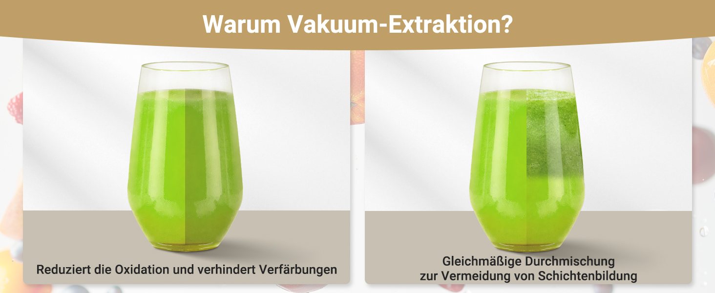 Zwei identische Gläser mit hellgrünem Smoothie oder Saft mit deutschem Text oben, präsentiert in einem Vergleichsformat
