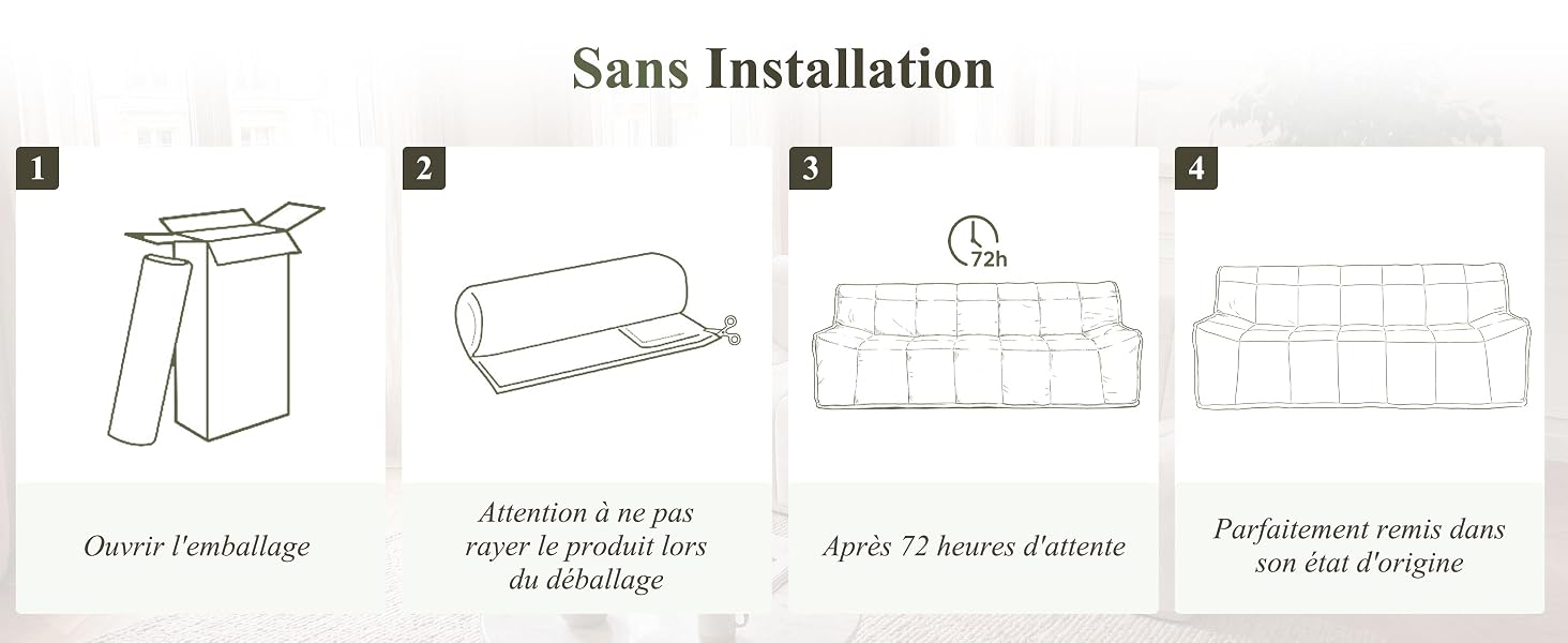 Le texte indique « Sans installation » avec des schémas d'instructions d'installation montrant trois étapes : méthode de fixation, processus de connexion et instructions de positionnement pour la configuration du produit.