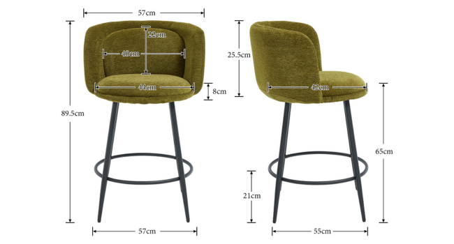Technical diagram showing dimensions of a modern chair design from multiple angles. Detailed measurements indicate height, width, and depth specifications with precise measurements in centimeters.