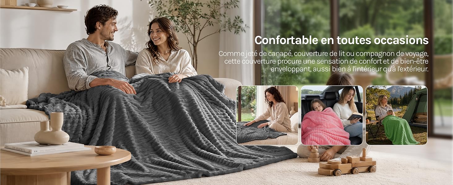 Le texte se lit comme suit : « Confortable en figures « occasions ». Couverture grise lestée drapée sur un couple sur un canapé. Plusieurs panneaux indiquent les différentes utilisations et tranches d'âge pour plus de confort.