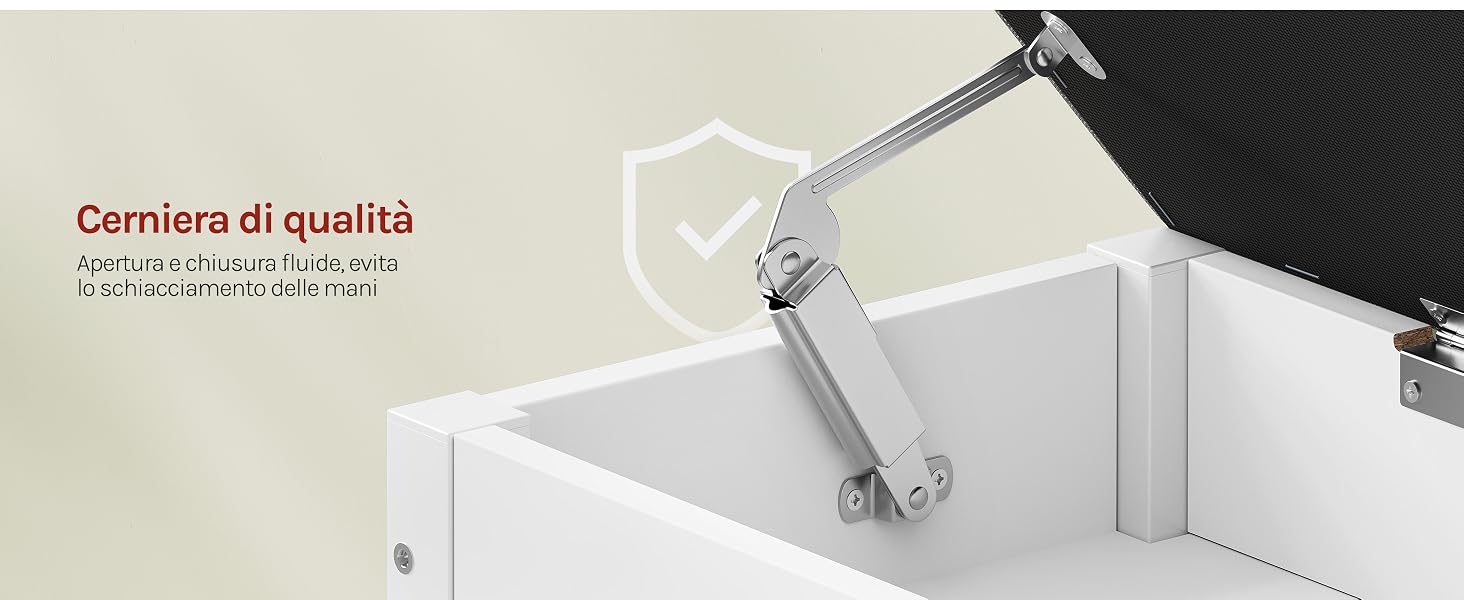 Il testo recita «Cerniera di qualità» e testo aggiuntivo in italiano sulle cerniere di qualità. Connettore a cerniera in metallo visualizzato sulla superficie di montaggio bianca, che mostra il meccanismo di fissaggio da più angolazioni.