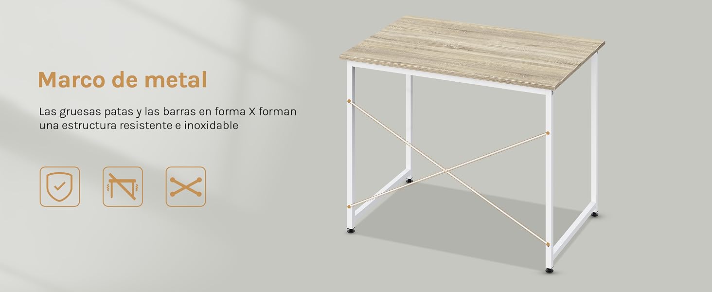 El texto dice «Imagen 6», «Marco de metal». Vistas múltiples de una estructura de mesa o marco de metal blanco con las medidas y los detalles de montaje visibles.