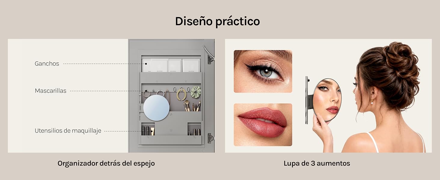El texto dice «Diseño práctico». Maqueta de diseño de producto que muestra un espejo cosmético con compartimento de almacenamiento, muestras de color de labios y una demostración de la aplicación de un producto de belleza.
