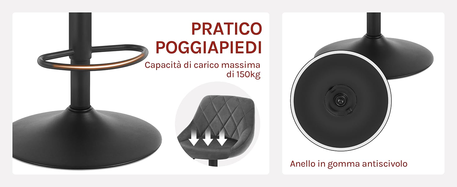 Black circular base with pole for chair or table. Features anti-slip rubber ring, foot rest, and weight capacity of 150kg. Labeled 'Pratico Poggiapiedi' (Practical Footrest).