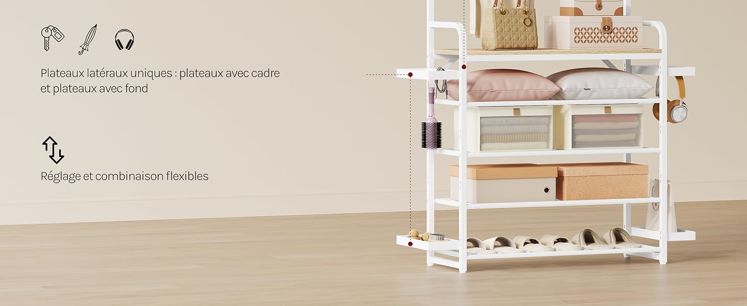 Présentoir de produits à deux panneaux présentant une étagère de rangement en métal blanc sous différents angles. Le panneau de gauche affiche les icônes et les instructions d'assemblage. Le panneau de droite affiche un organiseur d'étagères à plusieurs niveaux entièrement assemblé.