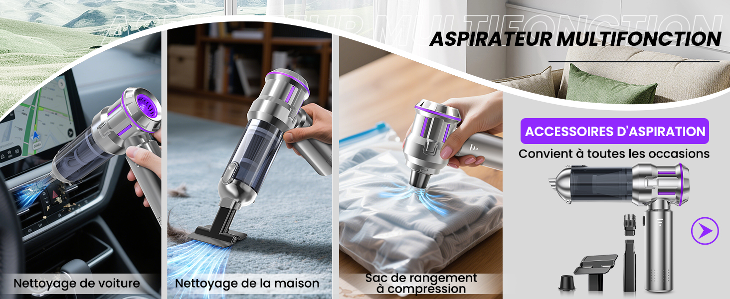 présenté dans diverses utilisations : nettoyer l'intérieur de la voiture, passer l'aspirateur sur les tapis, enlever la poussière de la literie et présenté avec des accessoires. Le texte indique qu'il s'agit d'un aspirateur multifonctions.