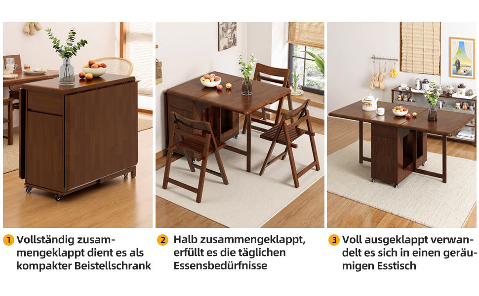 Serie von Möbelfotos, die braune Holzstühle und -tische in verschiedenen Raumeinstellungen mit hellem Bodenbelag zeigen.