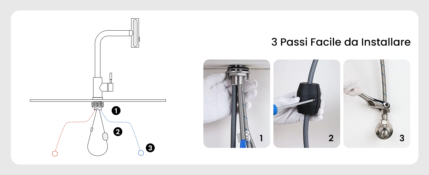 Installation instruction diagram for faucet or plumbing fixture, showing three-step process with technical illustrations and numbered steps.