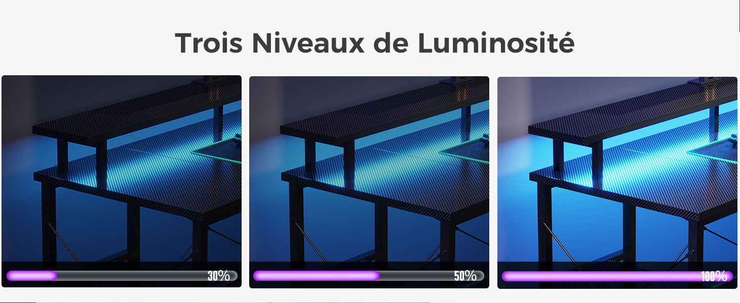 Trois images côte à côte montrant un bureau avec un éclairage LED bleu en dessous, montrant différents niveaux de luminosité, de faible à élevé