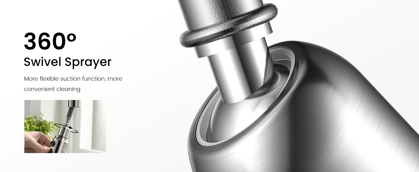 360-degree swivel sprayer attachment in metallic silver finish, featuring adjustable nozzle head and modern industrial design.