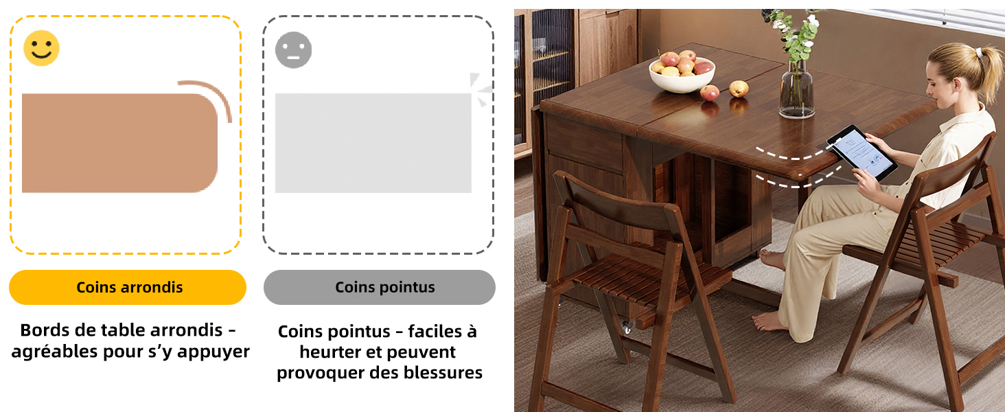 Scène intérieure montrant la configuration d'une table à manger avec plusieurs appareils électroniques et accessoires affichés sur des surfaces en bois avec des zones de superposition de texte.