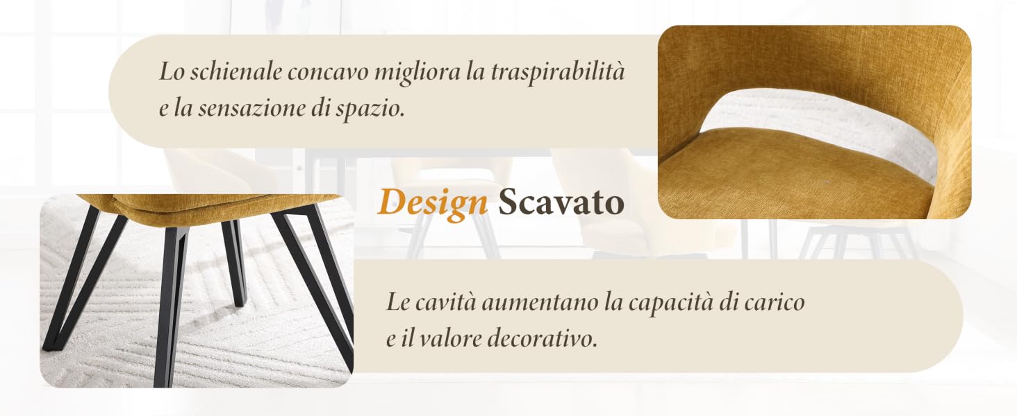 Il testo recita «Lo schienale curvo migliora la traspirabilità» e «Design Scavato» e «Le cavità aumentano la capacità di carico e il valore decorativo». Sedia dal design moderno con schienale curvo.