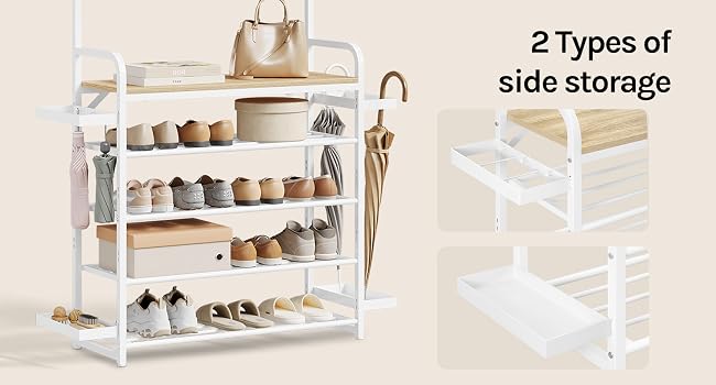 Text reads '2 Types of side storage'. Clear acrylic or transparent multi-tier shoe rack organizer with natural wood frame. Display shows shoes arranged on multiple shelves.