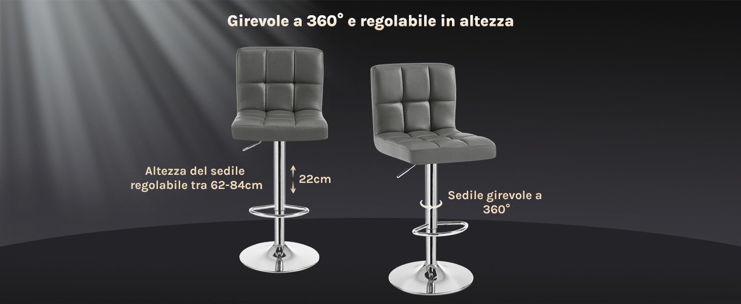 Due sgabelli da bar regolabili imbottiti grigi con capacità di rotazione a 360 gradi. Mostra le specifiche tecniche