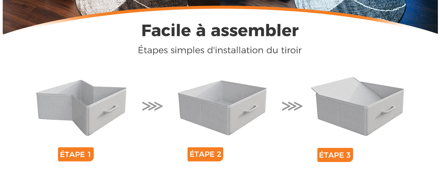 Instructions de montage pour un tiroir ou une boîte de rangement, montrant les trois étapes à suivre pour passer d'un cadre vide à une boîte entièrement assemblée.