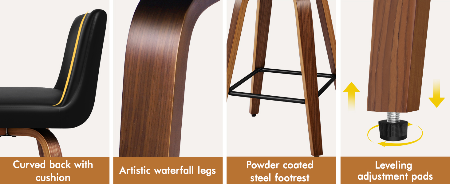 Product features diagram showing curved backrest with cushion, article swivel legs, and non-slip rubber pads on wooden bar stool components.