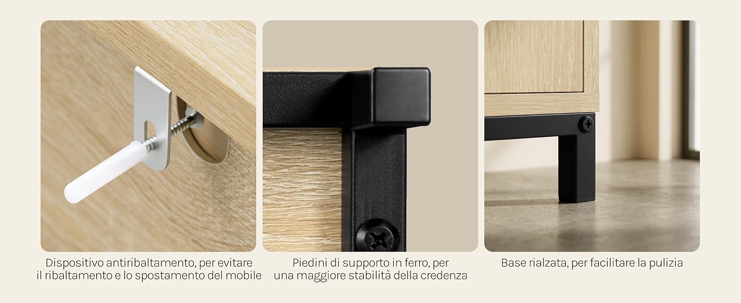 Tre immagini dei dettagli del prodotto che mostrano staffe da parete bianche, hardware per staffe angolari in metallo nero e superficie del pavimento in legno chiaro. Specifiche tecniche visibili con notazioni di misurazione per i componenti di installazione.