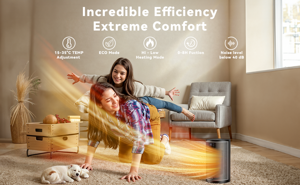 Image showcasing 'Incredible Efficiency' and 'Extreme Comfort' with icons. Woman and child playing in living room with visible heating effect.