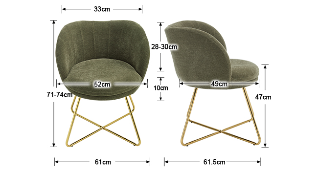 Diagrama técnico que muestra múltiples ángulos y dimensiones de un sillón verde oliva con patas de metal cruzadas doradas.