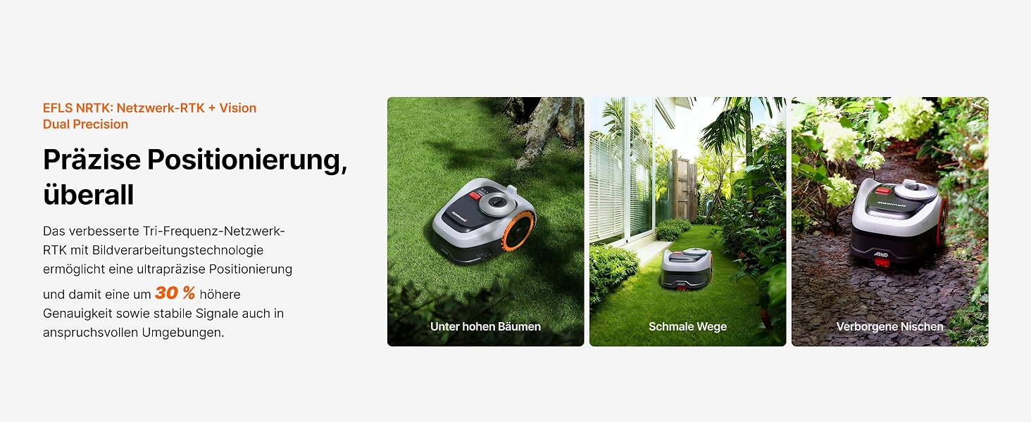 Der Text lautet „Präzise Positionierung, insgesamt“, gefolgt von drei Produktbildern, die schwarze solarbetriebene Gartenleuchten zeigen, die in verschiedenen Außenbereichen zwischen Pflanzen und Gras platziert sind.