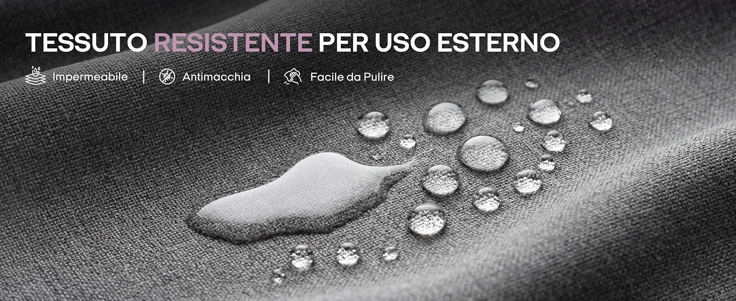 Il testo recita: 'TESSUTO RESISTENTE PER USO ESTERNO' con testo piccolo aggiuntivo. Tessuto impermeabile raffigurato con gocce d'acqua che ricadono su una superficie tessile angolata su sfondo scuro.