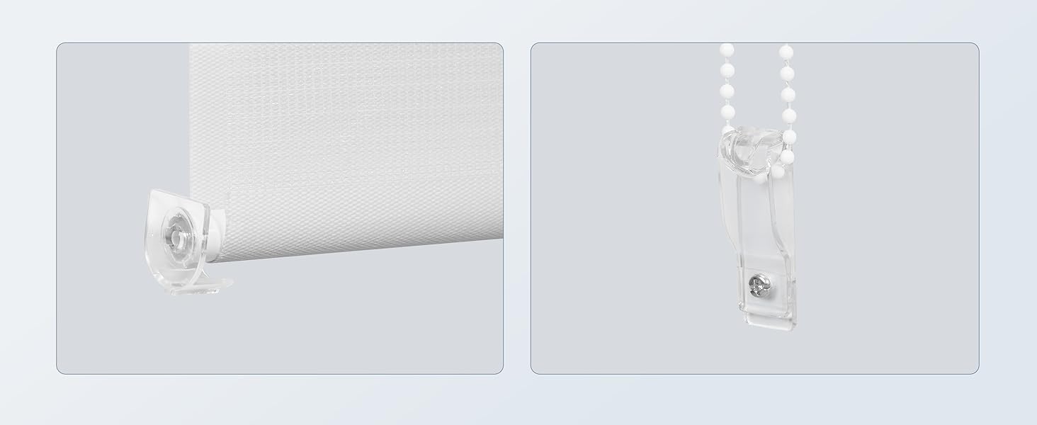 Panneau divisé montrant un élément cylindrique blanc et des composants de quincaillerie et de fixation transparents sur fond clair.