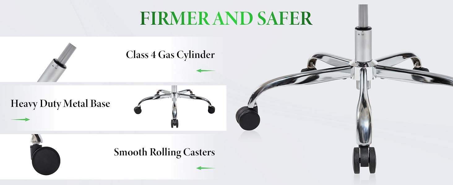 Text reads 'FIRMER AND SAFER'. Multiple product images showing chrome exercise equipment components including rolling casters and metal bases.