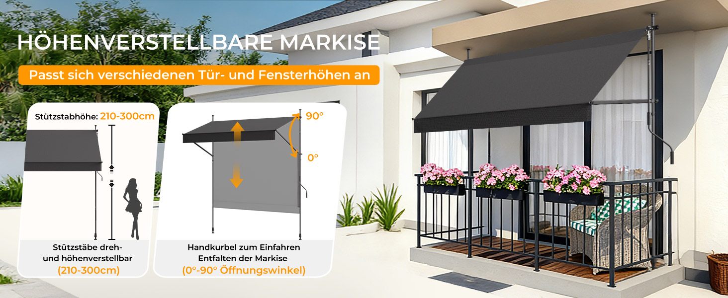 Der Text lautet „HOCHWERTIGES BRAUNGLAS“. Architektonische Darstellungen, die das moderne Design von Schaufenstern oder Einzelhandelsflächen mit Glasfenstern und Markisen in mehreren Ansichten zeigen.