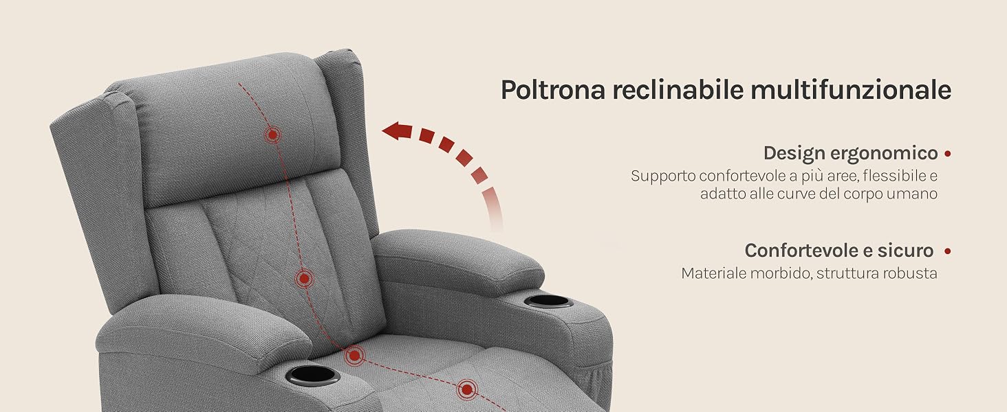 Il testo recita «Poltrona reclinabile multifunzionale, Design ergonomico, Comfortevole 4 teste». Sedia reclinabile imbottita grigia con più pulsanti di regolazione rossi sul bracciolo su sfondo beige.