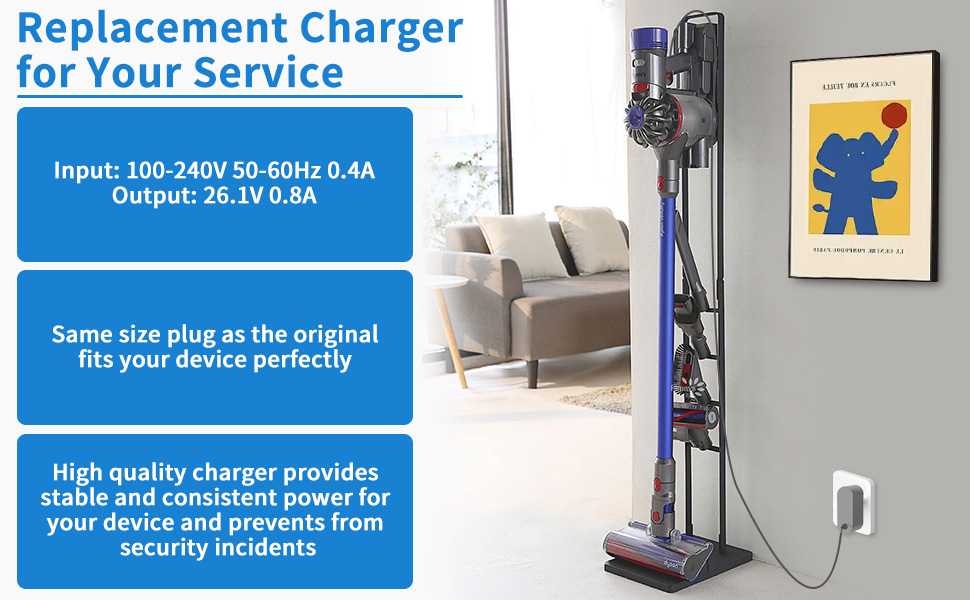 Publicité sur un chargeur de rechange montrant une station de recharge pour aspirateur. Spécifications d'entrée : 100-240 V 50-60 Hz 0,4 A, sortie : 26,1 V 0,8 A.