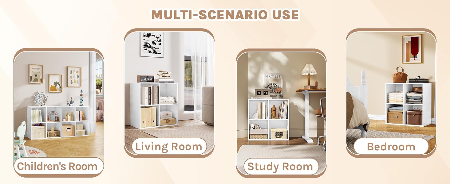 Multi-scenario storage unit showcased in four room settings: children's room, living room, study room, and bedroom. Text indicates versatile use.