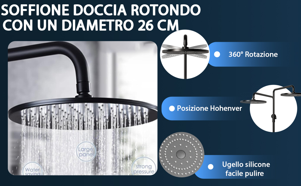 Il testo recita 'SOFFIONE DOCCIA ROTONDO CON UN DIAMETRO 24 CM'. Mostra il soffione a pioggia rotondo con diagrammi tecnici che indicano la 'Rotazione a 360°» e i dettagli di installazione.