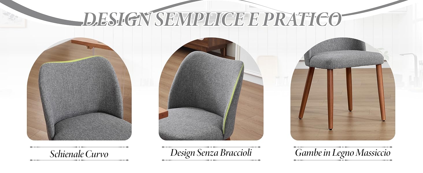 Il testo recita 'DESIGN SEMPLICE E PRATICO'. Viste multiple di una sedia imbottita grigia con gambe in legno che mostrano diverse angolazioni e dettagli di assemblaggio.