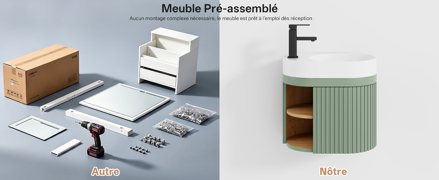Le texte indique « Möbel P3-Assemble ». Trois images de produits montrant des boîtes en carton, un meuble blanc et une armoire verte avec configuration de rangement sur étagères.