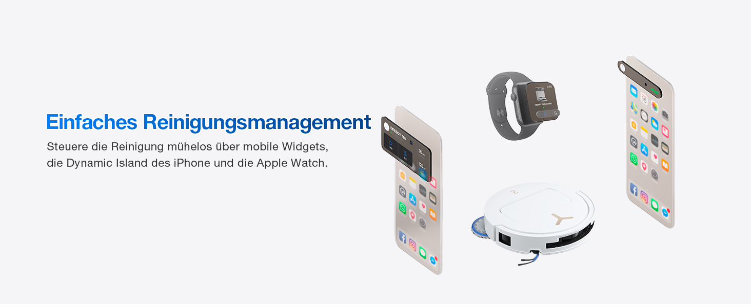 Der Text lautet „Einfaches Reinigungs-Management“ und deutscher beschreibender Text. Auf den Bildern sind Smartwatch, Tablet-Gerät und Kabelmanagement-Zubehör abgebildet.