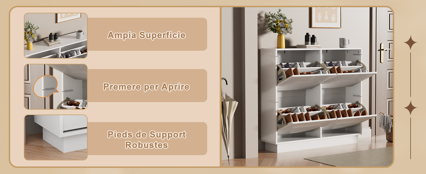 Vetrina di interior design con moderne soluzioni di archiviazione e armadi bianchi in un ambiente beige chiaro, che mostra varie configurazioni di organizzazione della stanza.