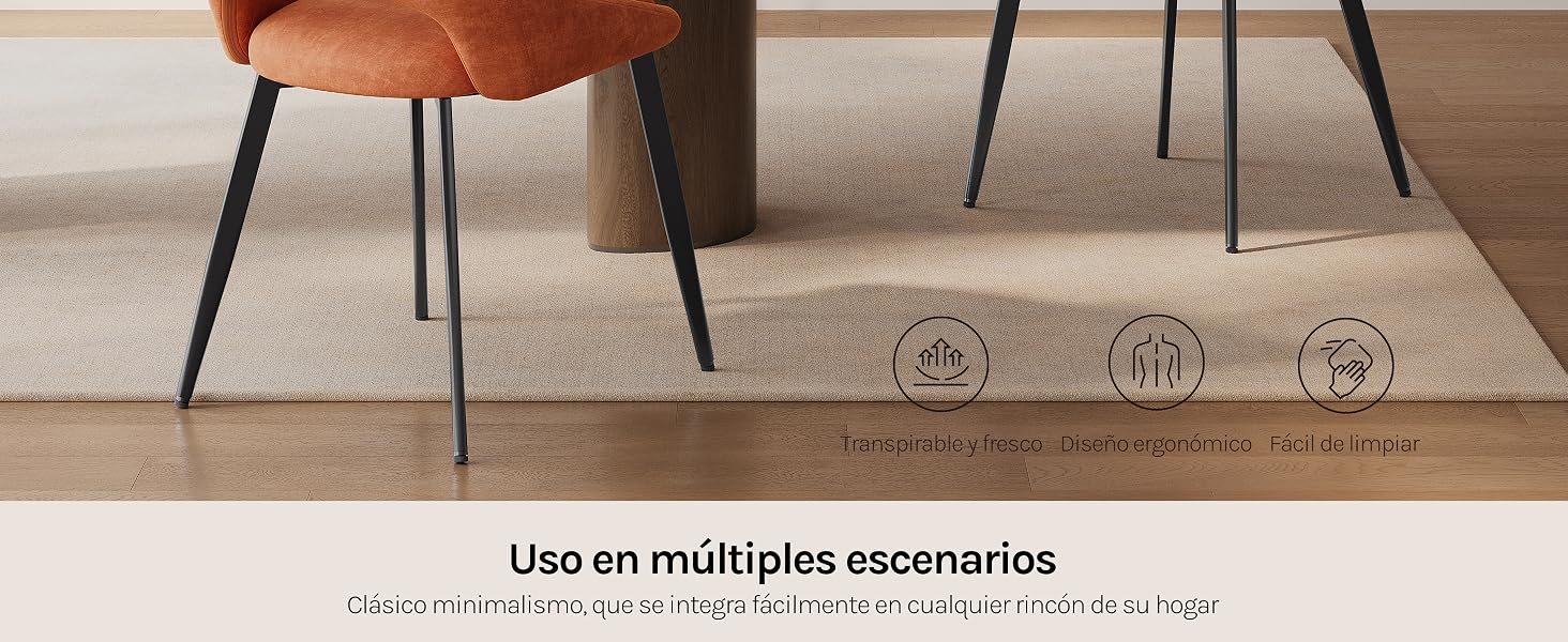 El texto dice «Usar en múltiples escenarios». Alfombra de tonos neutros con motivos geométricos sobre suelo de madera con patas de silla visibles.