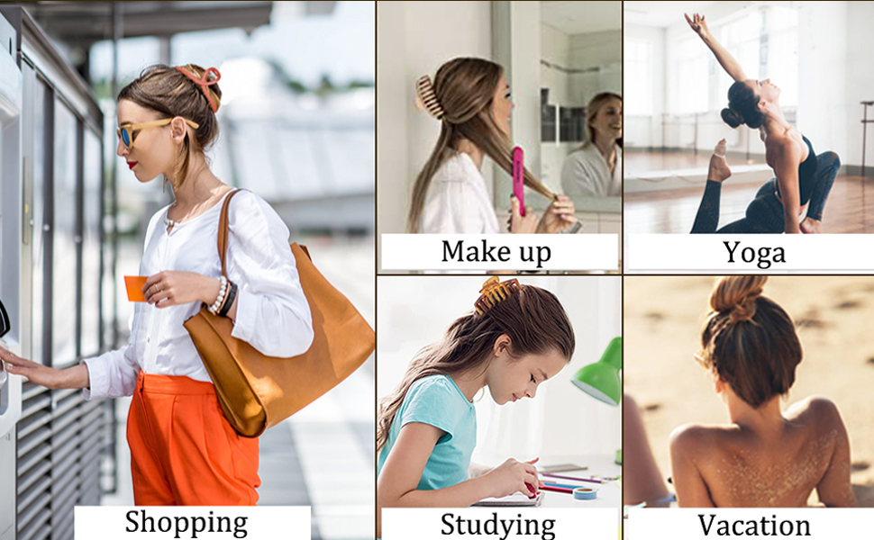 Lifestyle collage showing six different activities including shopping, makeup application, yoga, studying, and vacation scenes.