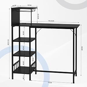 Schema tecnico di una scrivania nera per computer con scaffale integrato, che mostra misure e dimensioni dettagliate per il montaggio