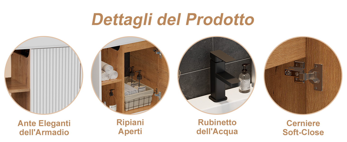 Il testo recita «Dettagli del Prodotto» con quattro caratteristiche del prodotto riportate: «Anti Eleganti dell'Armadio», «Ripiani Aperti», «Rubinetto dell'Acqua», «Cerniere Soft-Close».