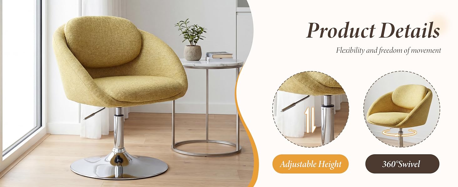 Text reads 'Product Details'. Modern swivel chair with plush yellow-gold upholstery and chrome base. Product details show angular and swivel functionality diagrams.