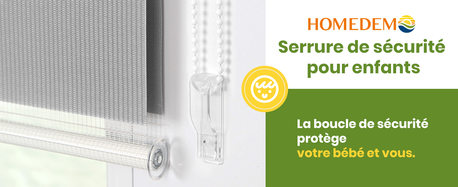 pour fenêtres ou portes. Appareil en plastique blanc avec un bouton circulaire et un texte indiquant qu'il s'agit d'un verrou de sécurité pour enfants.