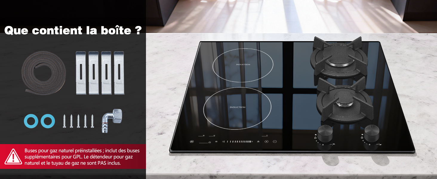 Le texte se lit comme suit : « Que contient la boîte ? » Surface de la table de cuisson en verre noir montrant plusieurs configurations de brûleurs et les détails du panneau de commande.