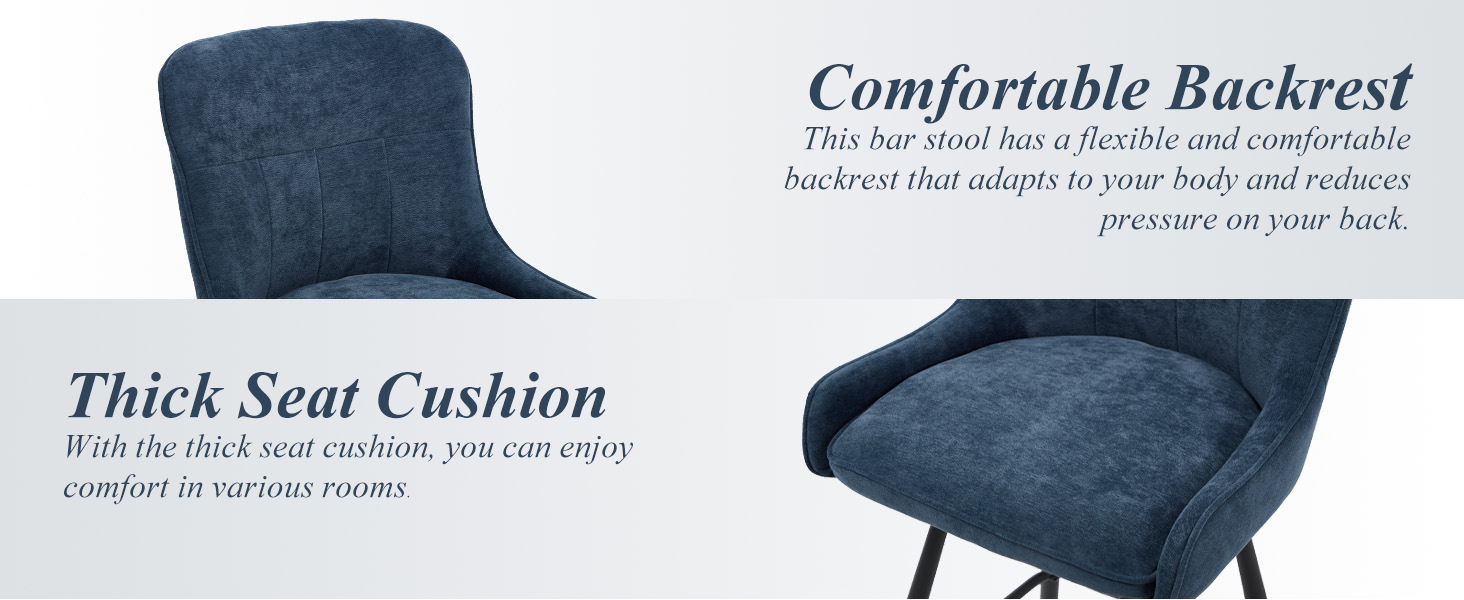 Text reads 'Comfortable Backrest', 'Thick Seat Cushion'. Navy blue upholstered dining chair with curved backrest shown from multiple angles.