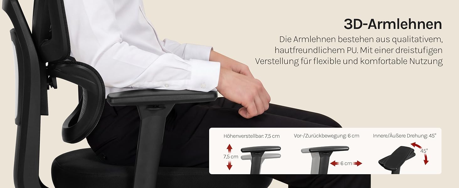 Text lautet „3D Armkissen“ mit deutscher Produktbeschreibung. Das Bild zeigt eine Person in schwarzer Sportkleidung, die sich an einem 3D-Armkissen lehnt. Die Abbildungen der Produktkomponenten unten zeigen die Kissenstruktur und die Befestigungsdetails.