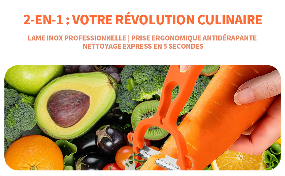 on Küchenutensilien mit frischen Produkten, darunter Avocados, Brokkoli und Zitrusfrüchte, mit einem orangenen Text-Overlay in Französisch